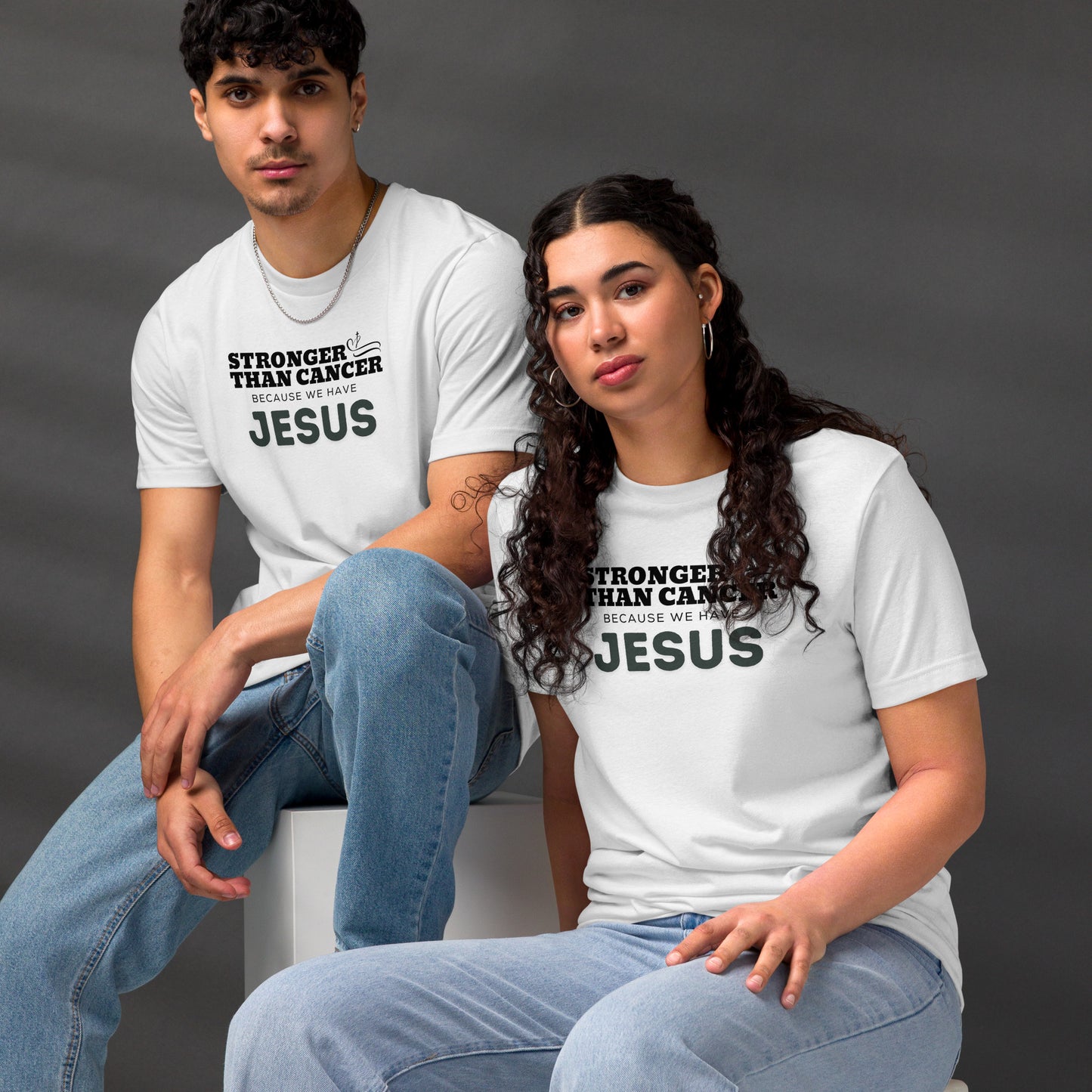 Stronger than Cancer because "WE" have Jesus -Unisex staple eco White t-shirt